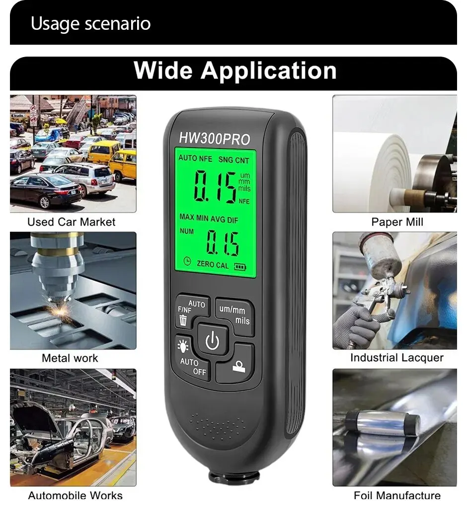 Paint Thickness Gauge - HW-300PRO เครื่องทดสอบความหนาของสารเคลือบอัตโนมัติ 0-2000UM Fe NFe เครื่องวัดฟิล์มสีรถยนต์