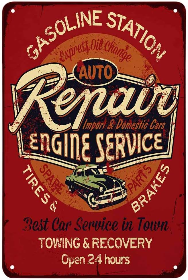 Auto Repair Shop Hours - ป้ายโลหะวินเทจ ซ่อมรถยนต์ บริการเครื่องยนต์ ป้ายโลหะสถานีบริการน้ำมัน ยาง เบรก